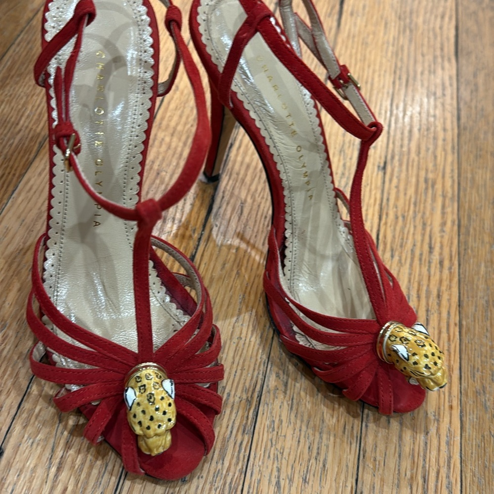 Alice + Olivia Red Strappy Heels with Leopard Detail